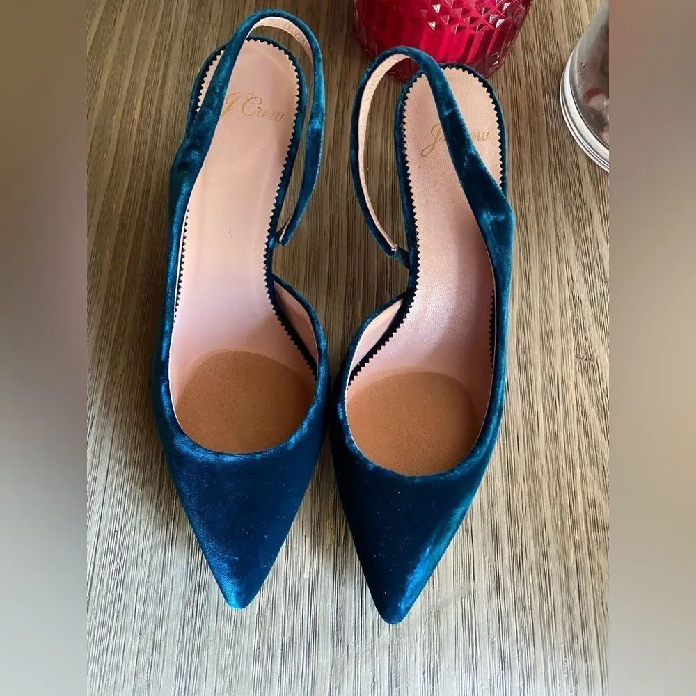 J. Crew $258 Colette Slingback D'Orsay Pumps Blue Green Dark Velvet Sz 7 NEW - Picture 2 of 7